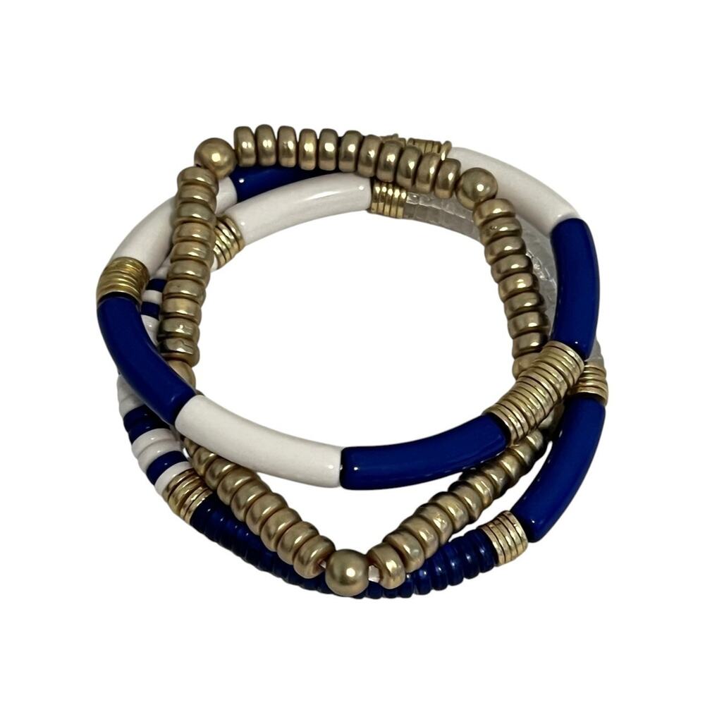 Set of 3 Stretch Bracelets Blue White Gold Tone Beaded Stack Boho